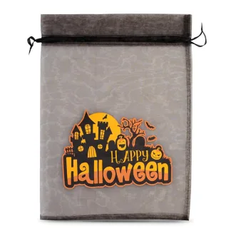 1. Czarne, eleganckie woreczki na Halloween z organzy 30x40 cm - idealne na cukierki