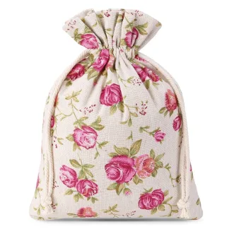3 szt. Worki à la lniane z nadrukiem 22 x 30 cm - naturalne / róże