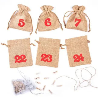 1 szt. Kalendarz adwentowy woreczki jutowe 12 x 15 cm - brązowe jasne + czerwone numery