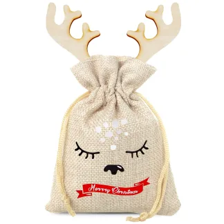 1 szt. Woreczek jutowy 13 x 18 cm - Boże Narodzenie + drewniana bombka z rogami