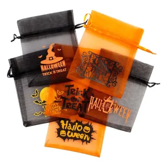 25 szt. Woreczki Halloween z organzy 12 x 15 cm - mix wzorów i kolorów