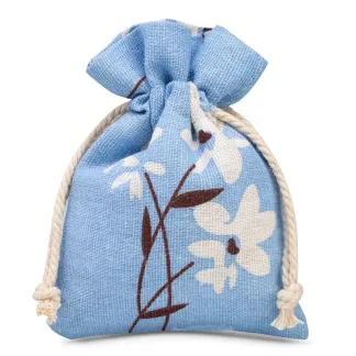 Woreczki a'la lniane niebieskie z nadrukiem kwiatów 12 x 15 cm - zestaw 3 sztuk