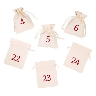 Kalendarz Adwentowy, 24 szt. Woreczki bawełniane z numerkami 10 x 13 cm - naturalne