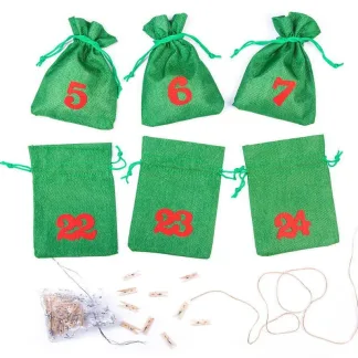 1 szt. Kalendarz adwentowy woreczki jutowe 13 x 18 cm - zielone + czerwone numery